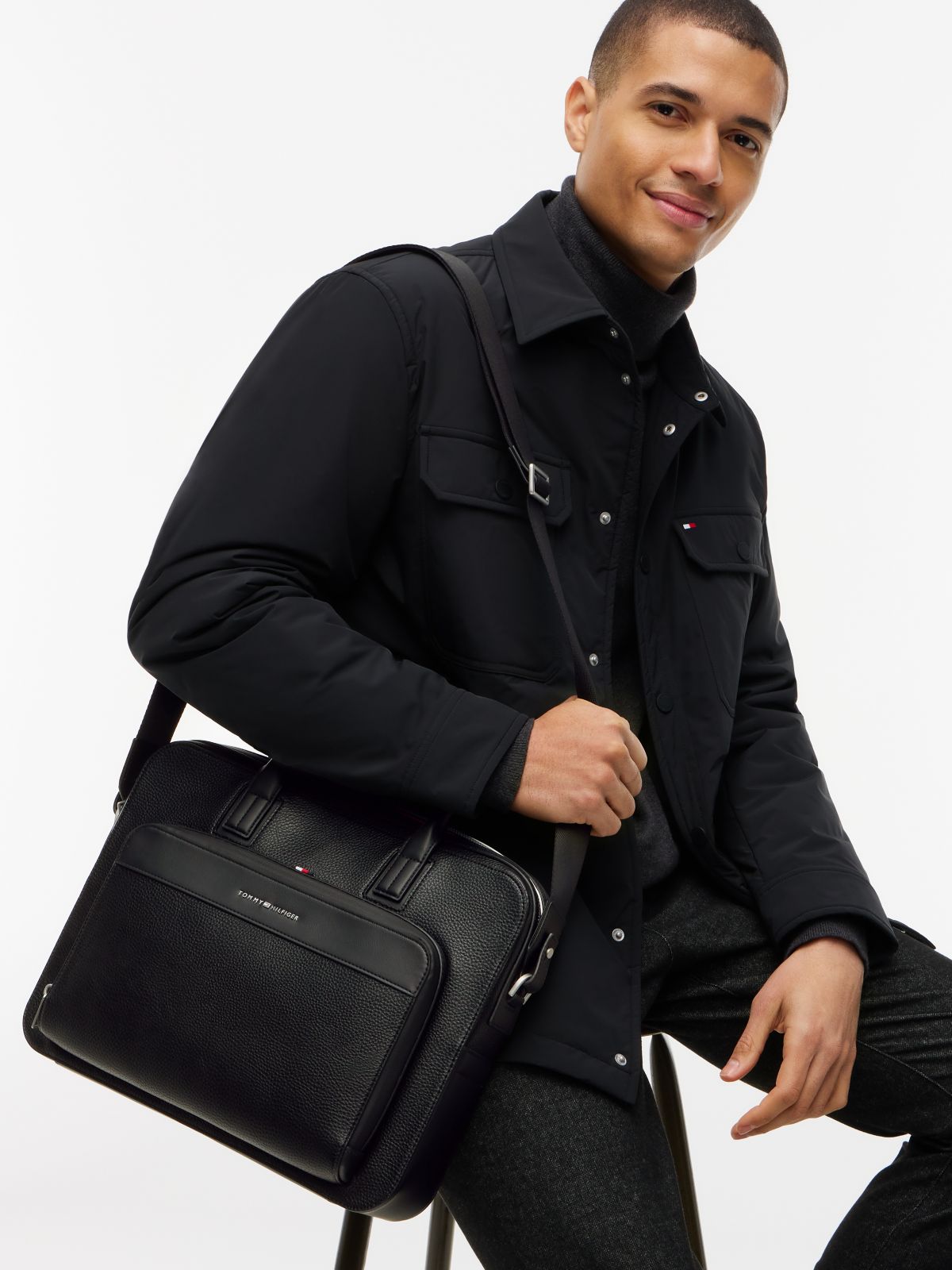 Metal Logo Textured Slim Laptop Bag — Black