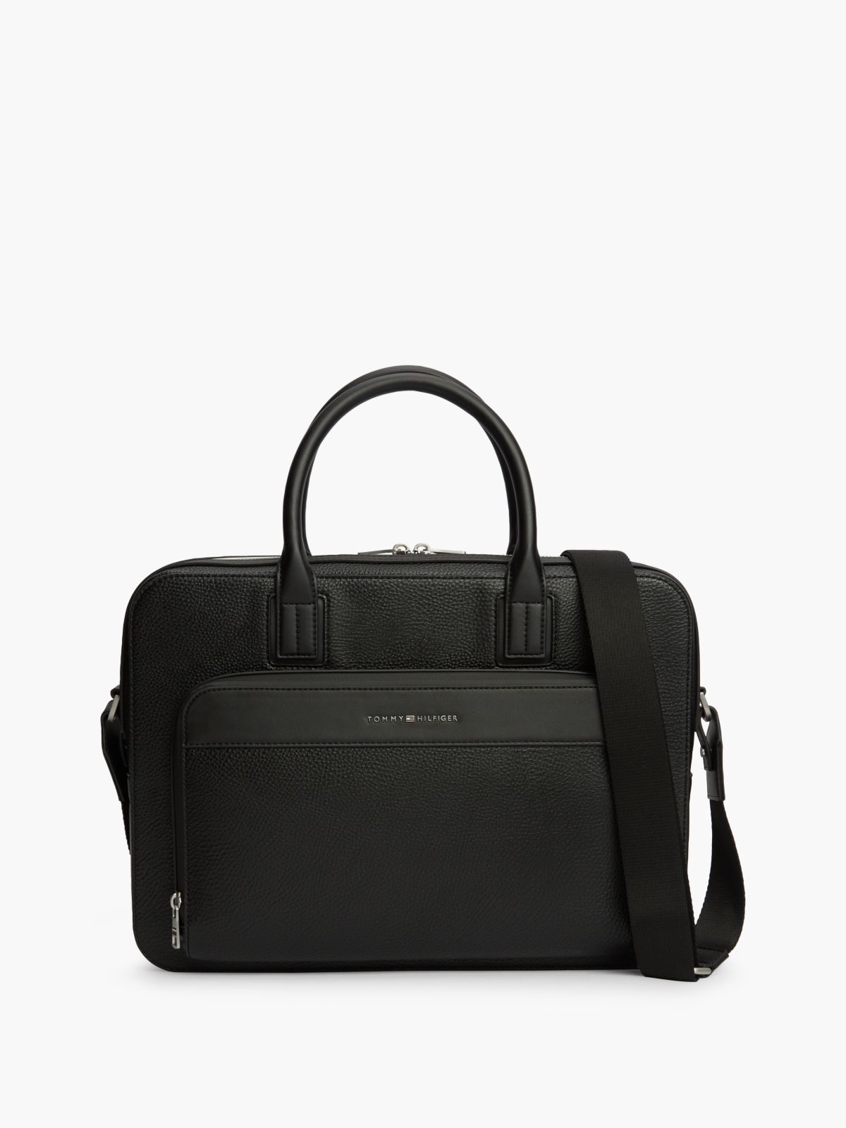 Metal Logo Textured Slim Laptop Bag — Black