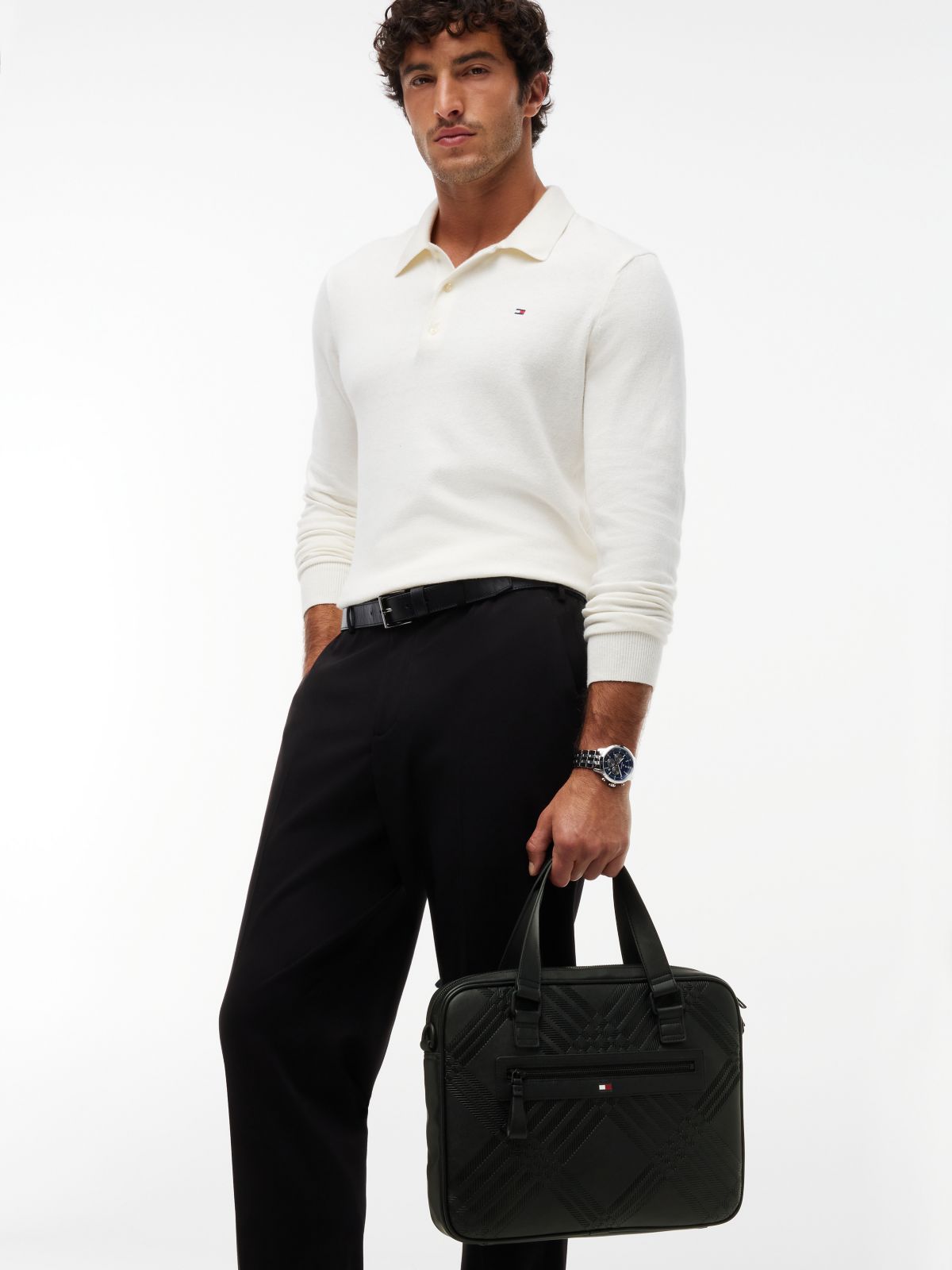 Corporate Flag Check Textured Laptop Bag — Black