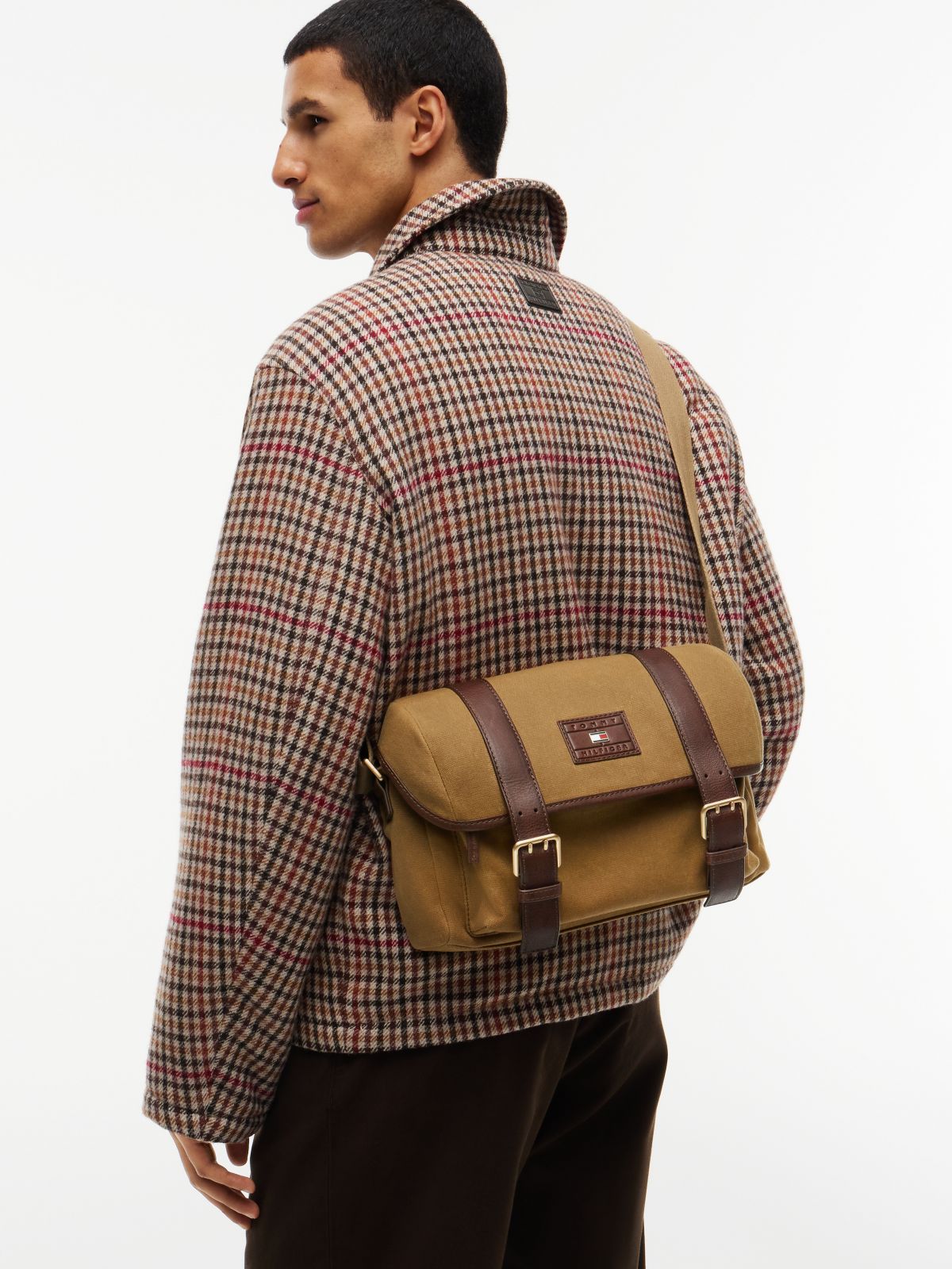 Textile Buckle Flap Crossbody Messenger Bag — Brown