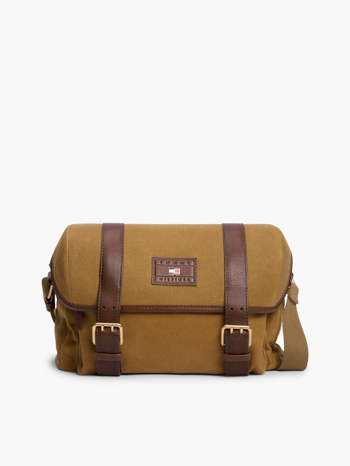 Textile Buckle Flap Crossbody Messenger Bag — Brown