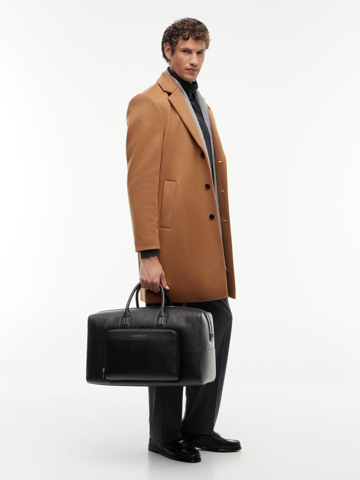 Metal Logo Pebble Grain Duffel Bag — Black