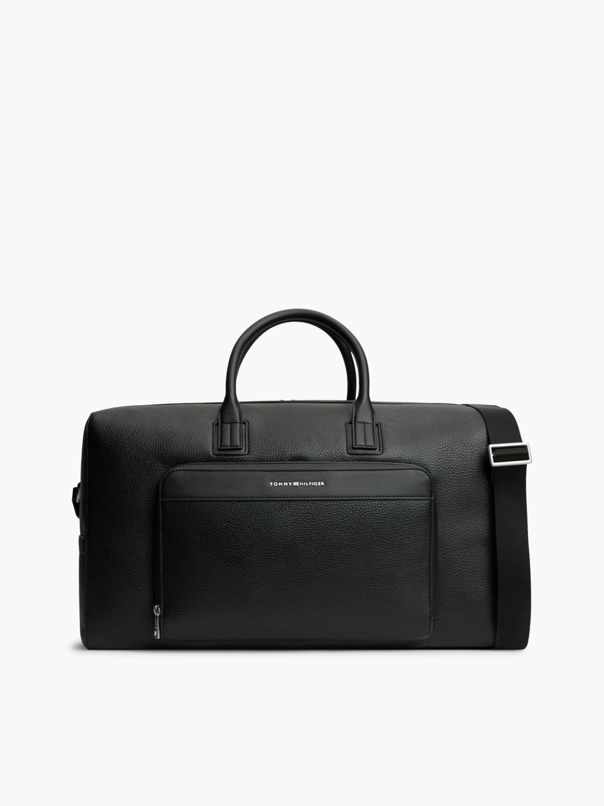 Metal Logo Pebble Grain Duffel Bag — Black