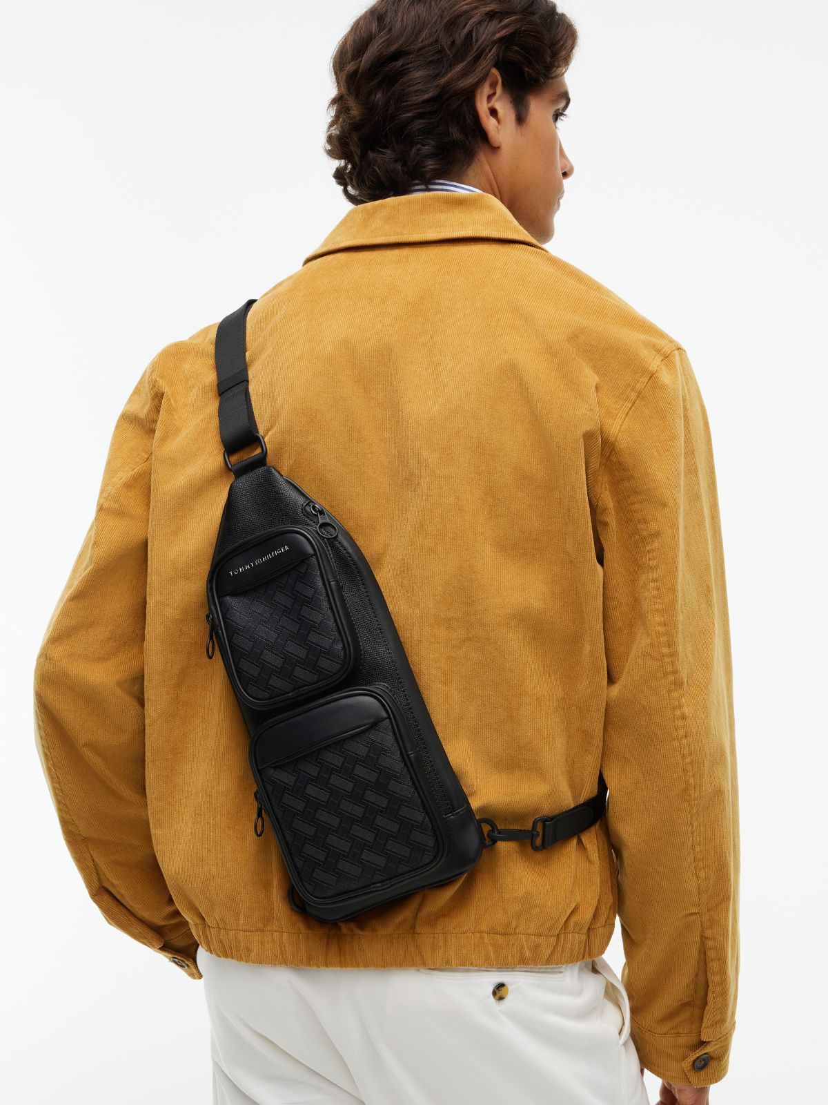 Modern Textured Flag Sling Bag — Black
