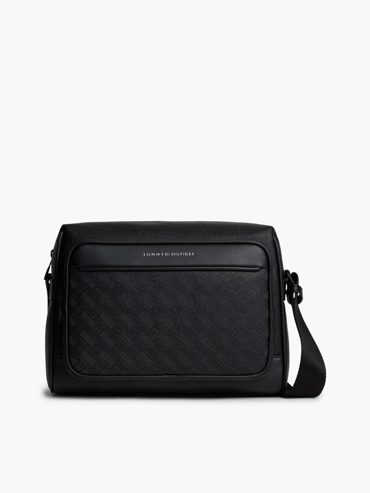 Modern Textured Flag Crossbody Messenger Bag — Black