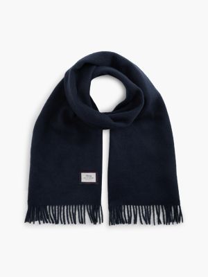 blue pure wool logo fringe scarf for men tommy hilfiger