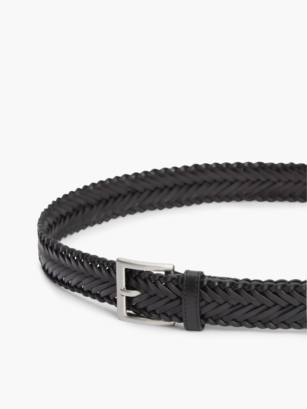 Square Buckle Braided Leather Belt — Black