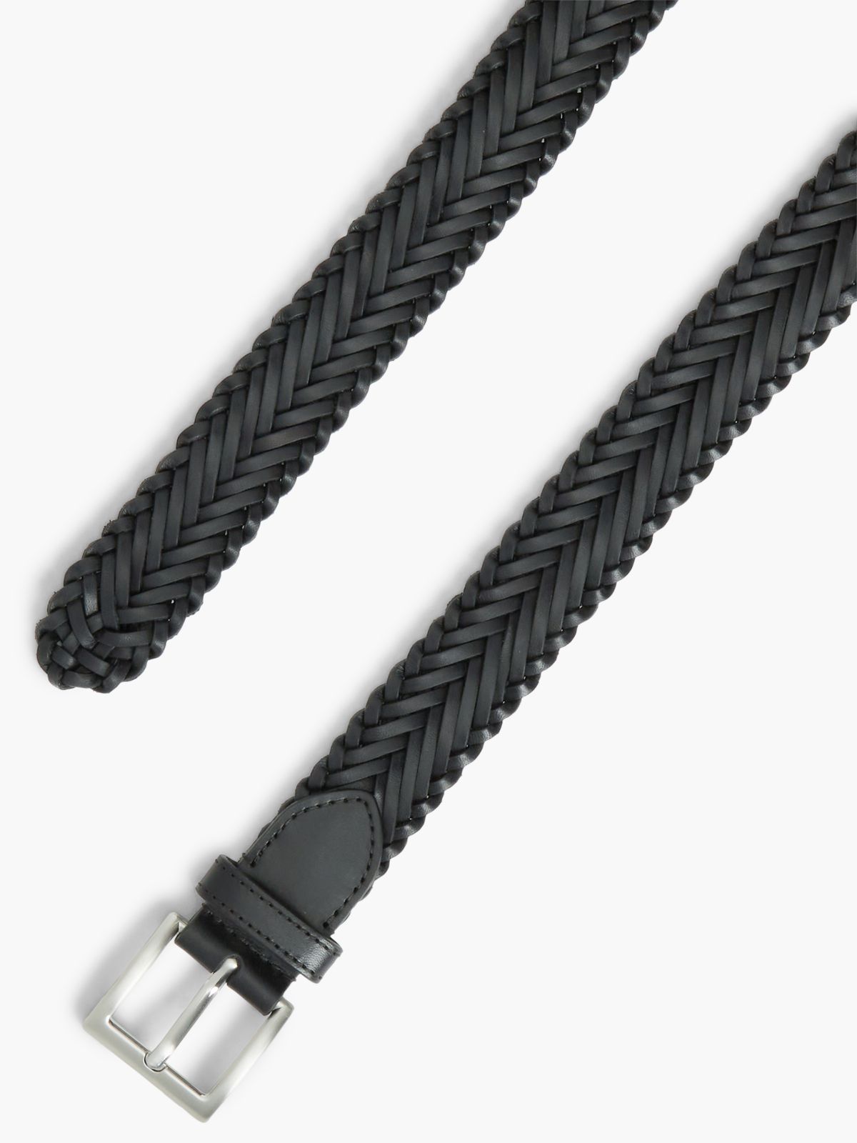 Square Buckle Braided Leather Belt — Black