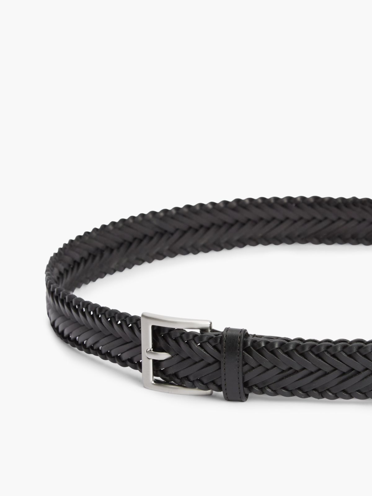 Square Buckle Braided Leather Belt — Black
