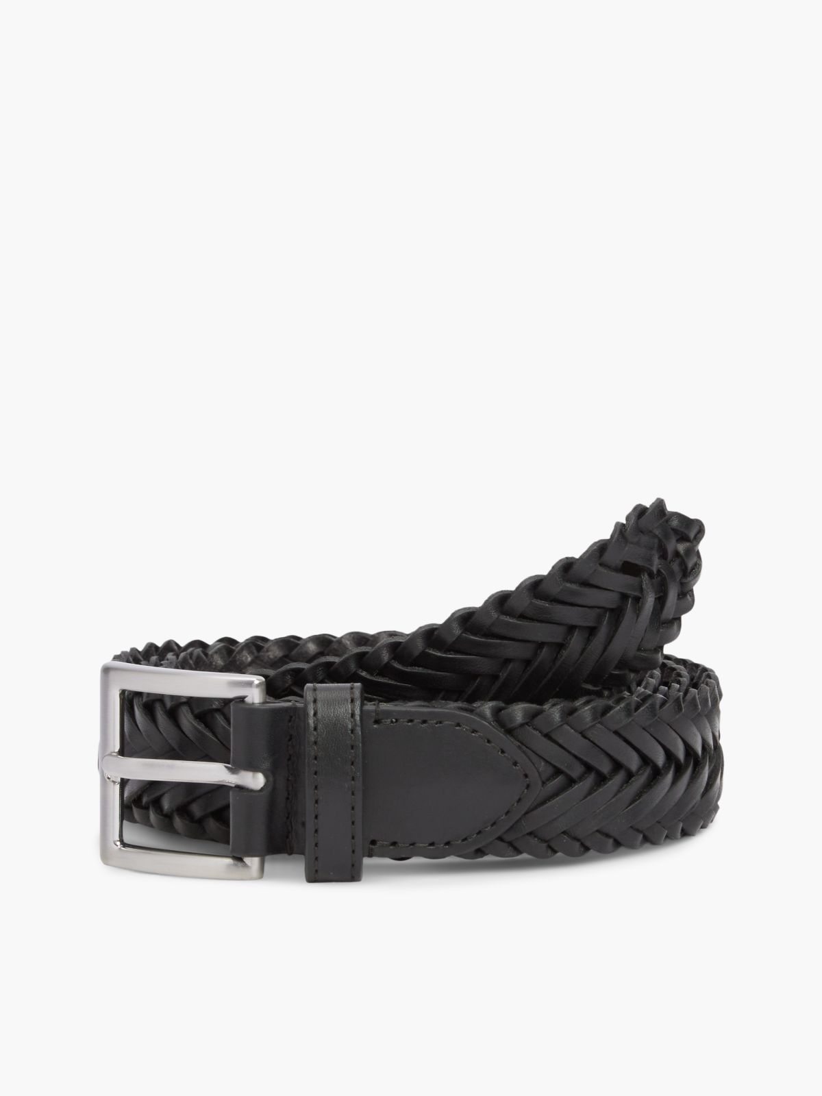 Square Buckle Braided Leather Belt — Black