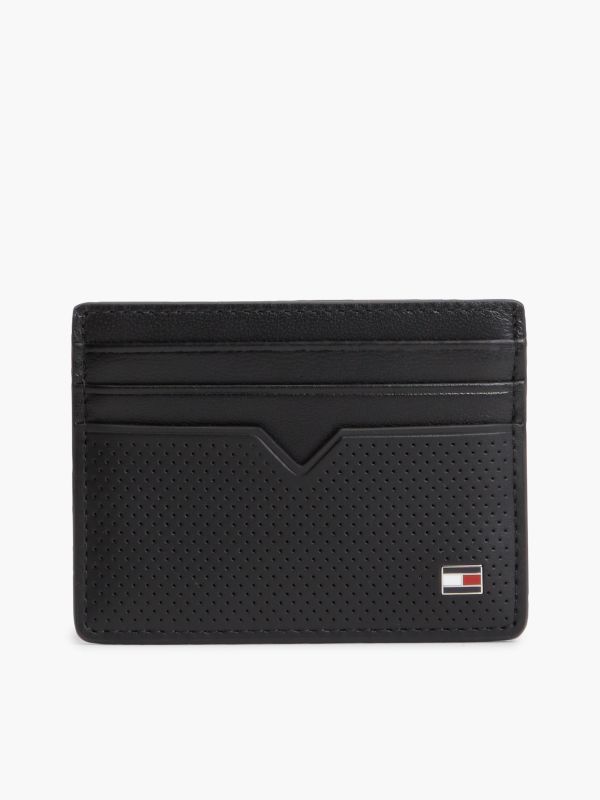 Perforated Leather Enamel Flag Card Holder — Black