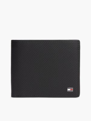 black perforowany portfel na karty i monety ze skóry dla mężczyźni - tommy hilfiger