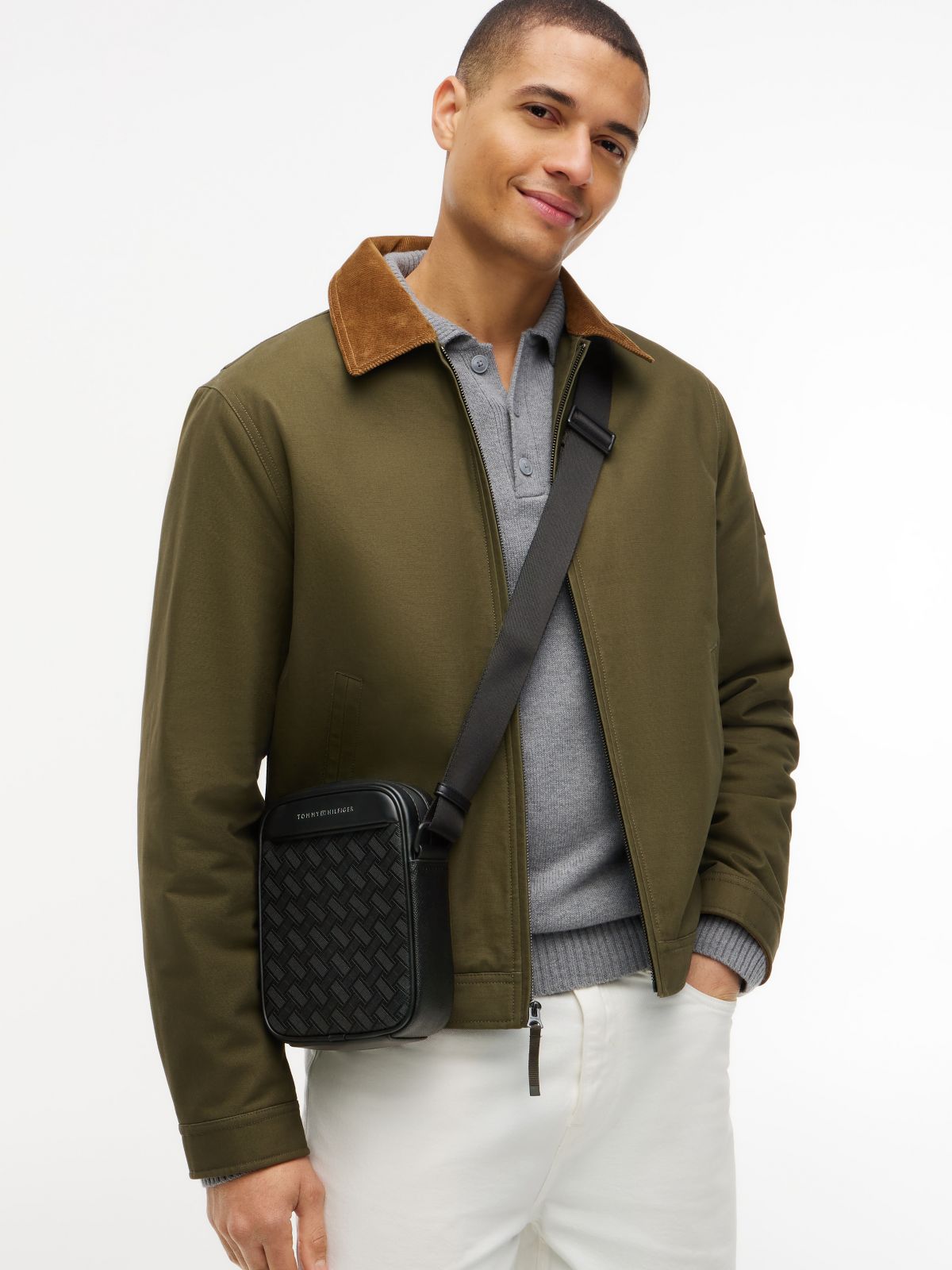 Modern Textured Flag Crossbody Reporter Bag — Black