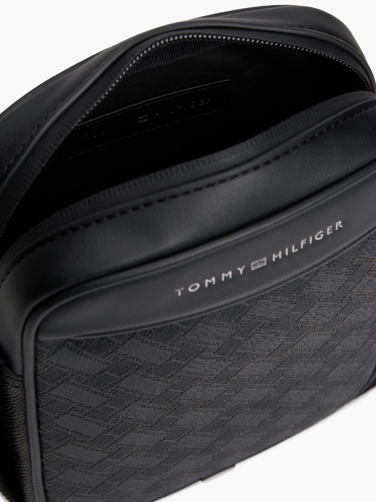 Modern Textured Flag Crossbody Reporter Bag — Black