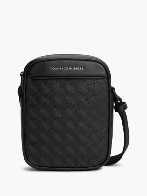 black modern textured flag crossbody reporter bag for men tommy hilfiger