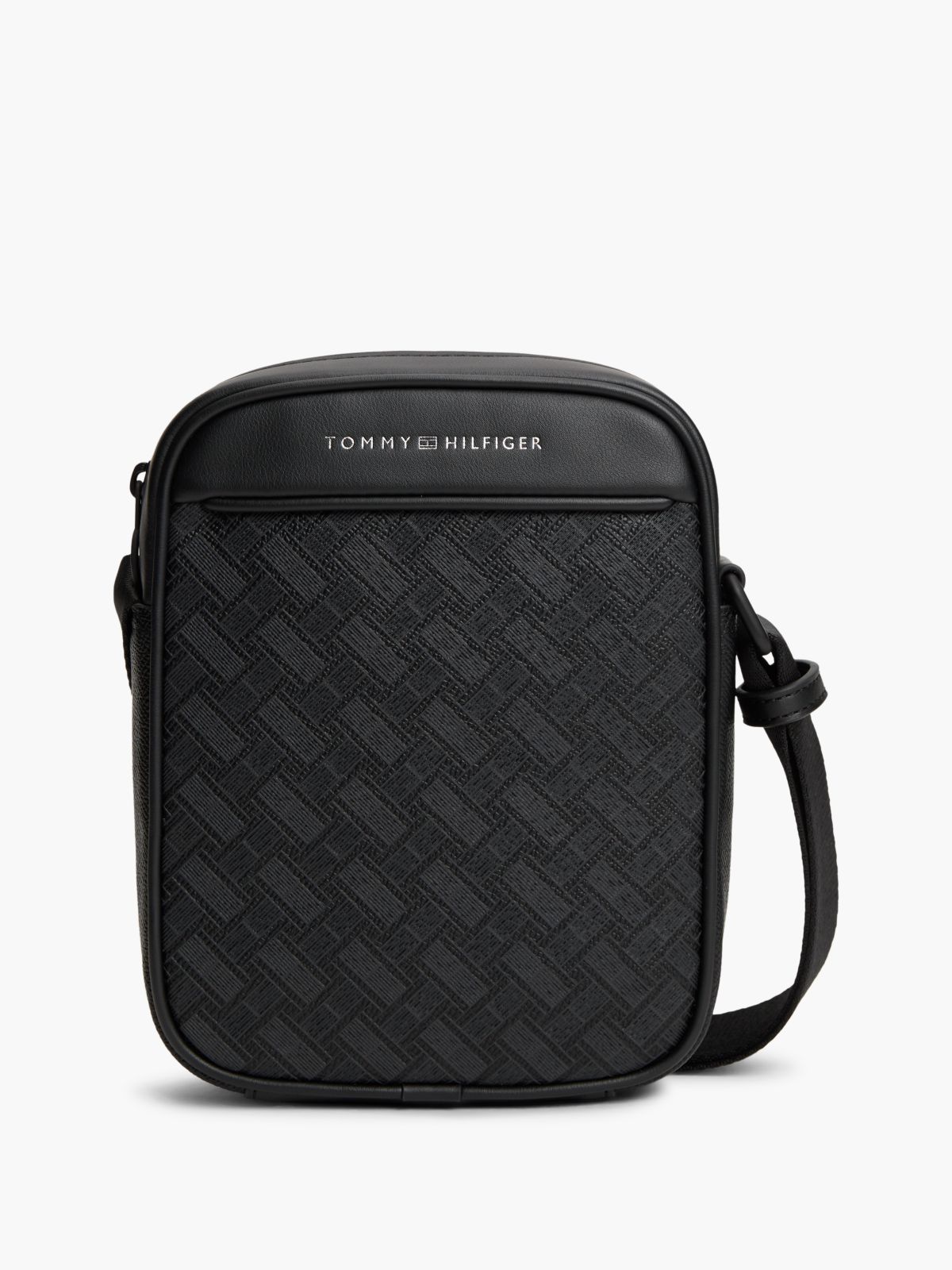 Modern Textured Flag Crossbody Reporter Bag — Black