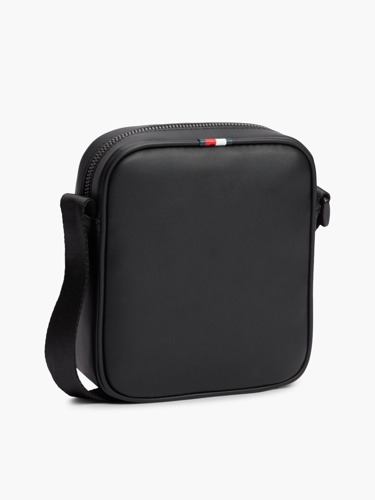 Enamel Flag Perforated Crossbody Reporter Bag — Black
