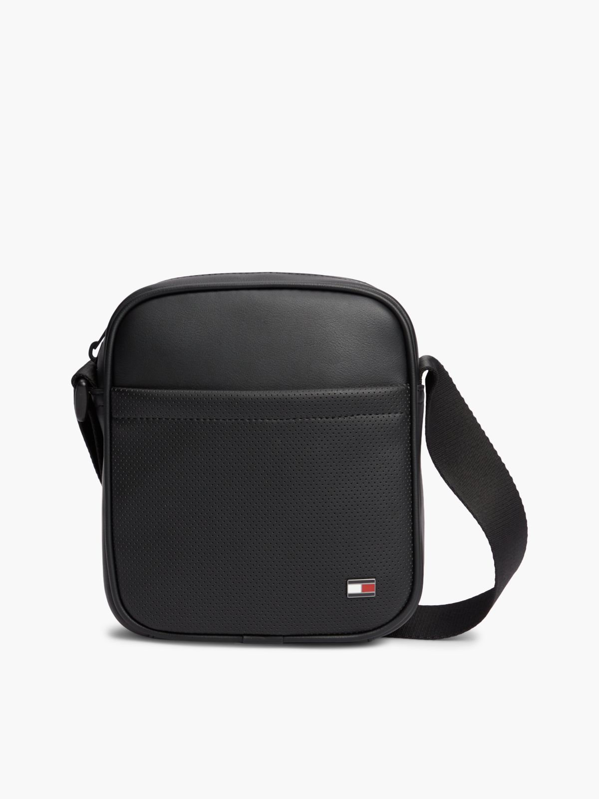Enamel Flag Perforated Crossbody Reporter Bag — Black