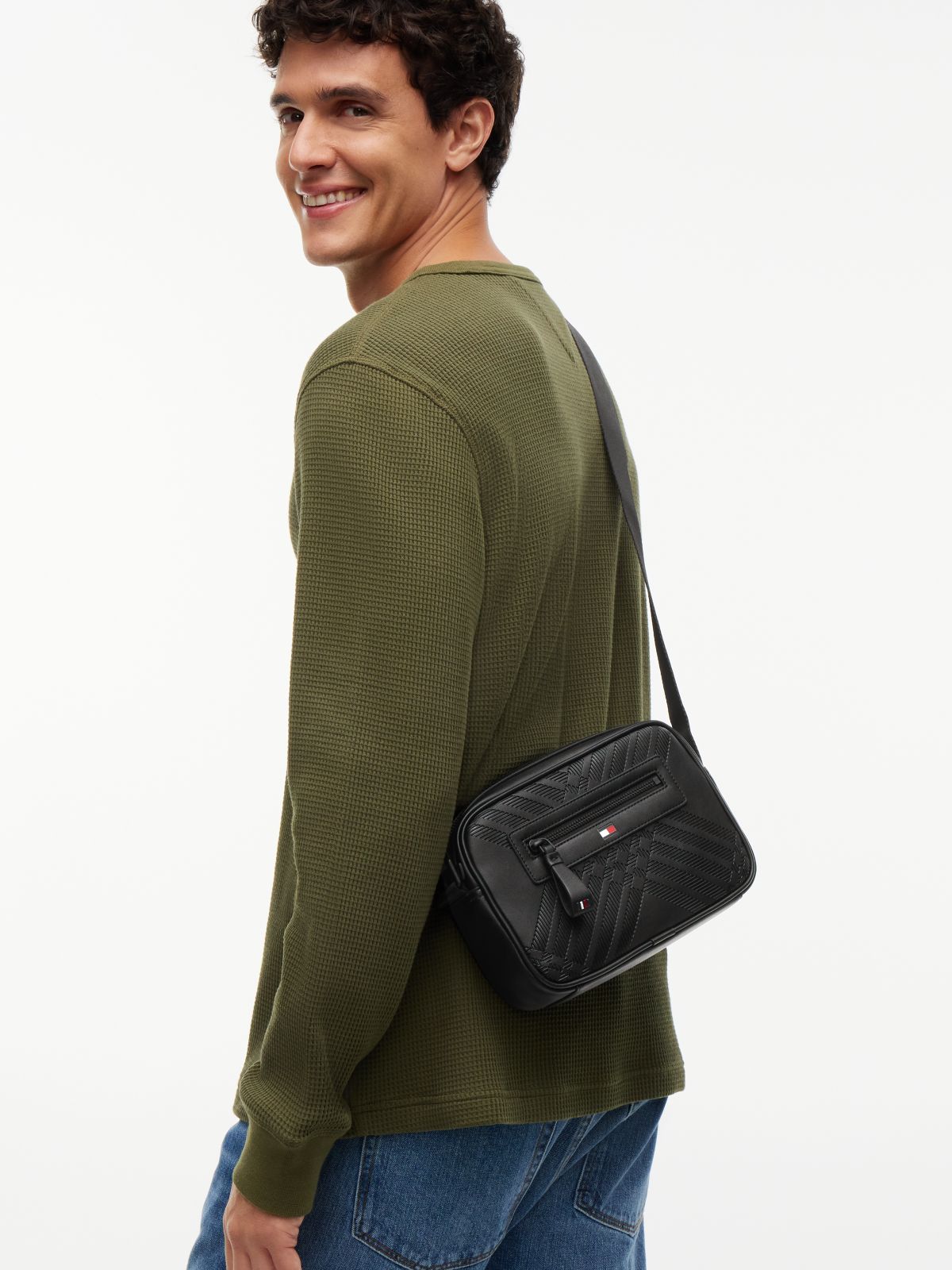 Corporate Textured Flag Crossbody Camera Bag — Black