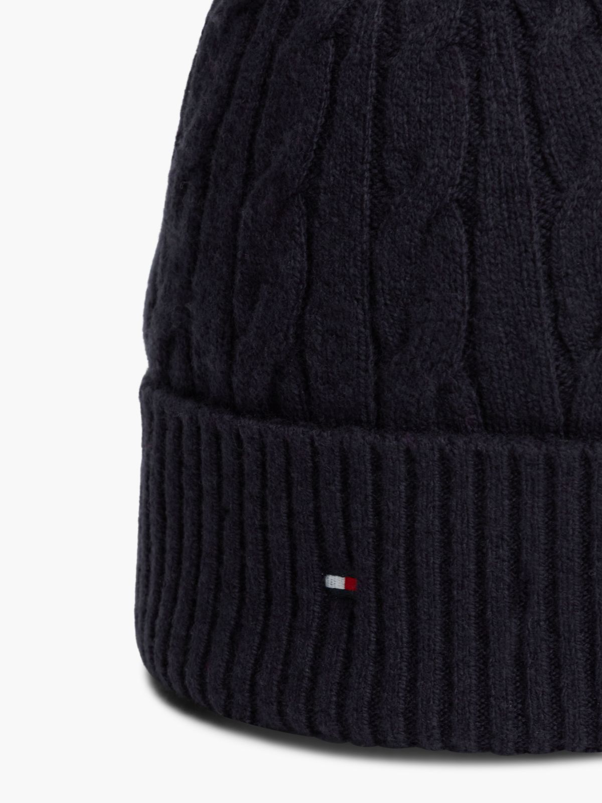Lambswool Blend Cable Knit Flag Beanie — Blue