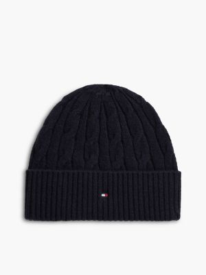 blue lambswool blend cable knit flag beanie for men tommy hilfiger