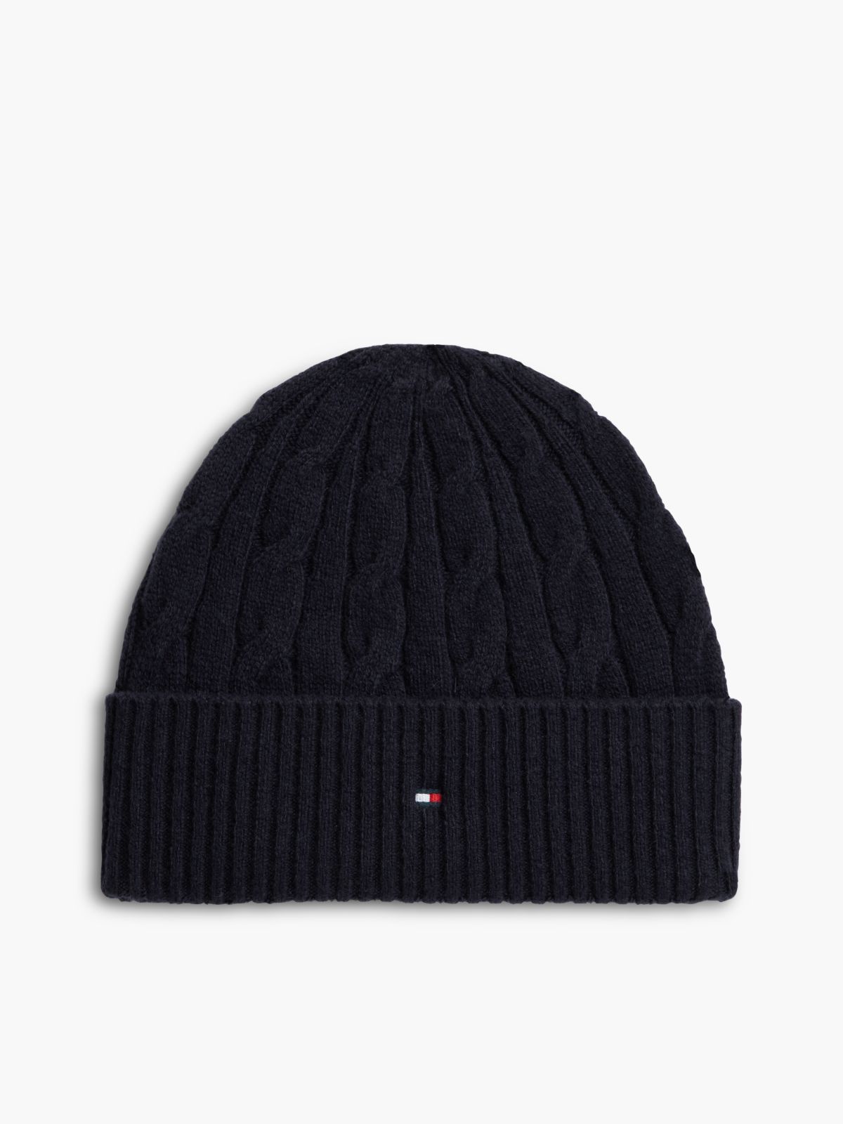 Lambswool Blend Cable Knit Flag Beanie — Blue