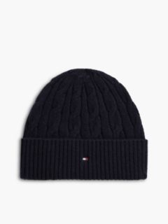 Lambswool Blend Cable Knit Flag Beanie — Blue 1