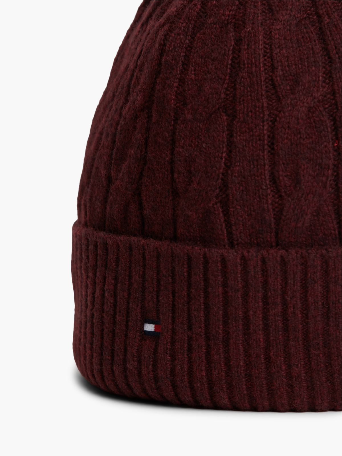 Lambswool Blend Cable Knit Flag Beanie — Red
