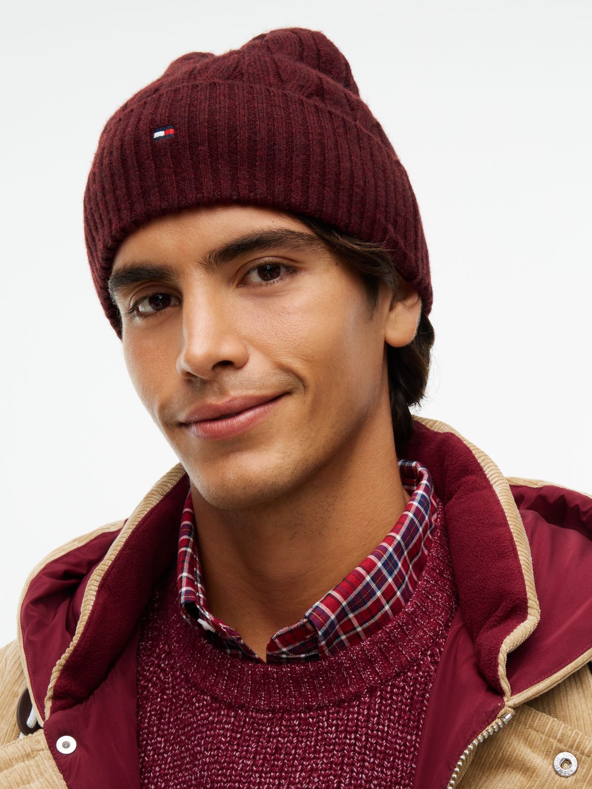 Lambswool Blend Cable Knit Flag Beanie — Red