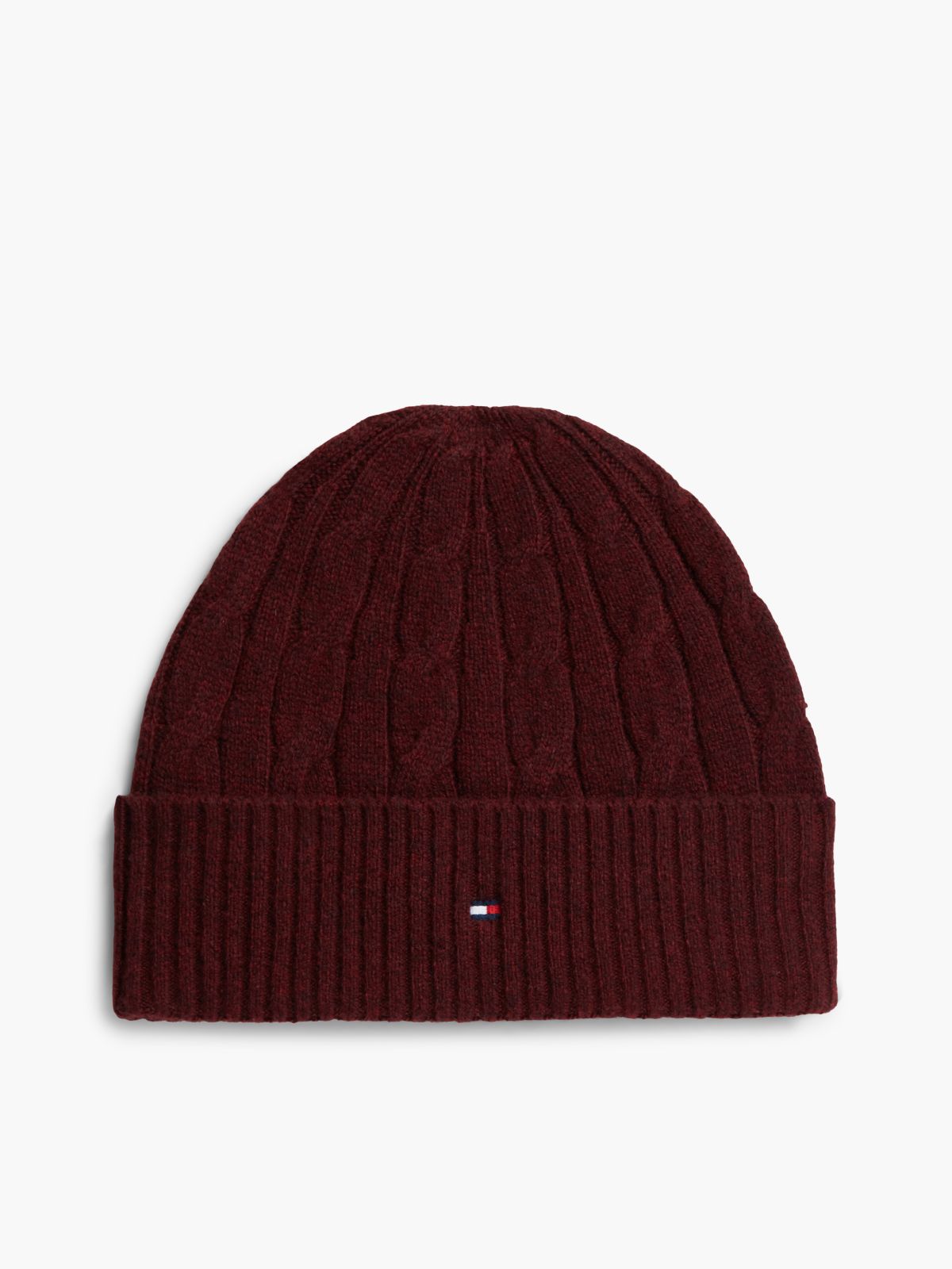 Lambswool Blend Cable Knit Flag Beanie — Red