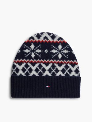 blue wool blend fair isle beanie for men tommy hilfiger