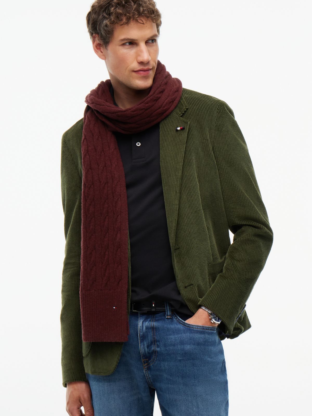 Lambswool Blend Cable Knit Scarf — Red