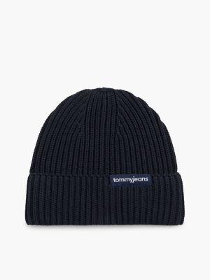 blue rippstrick-beanie mit linearem logo für herren - tommy jeans