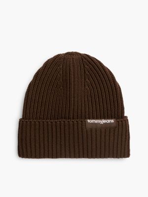 brown rippstrick-beanie mit linearem logo für herren - tommy jeans