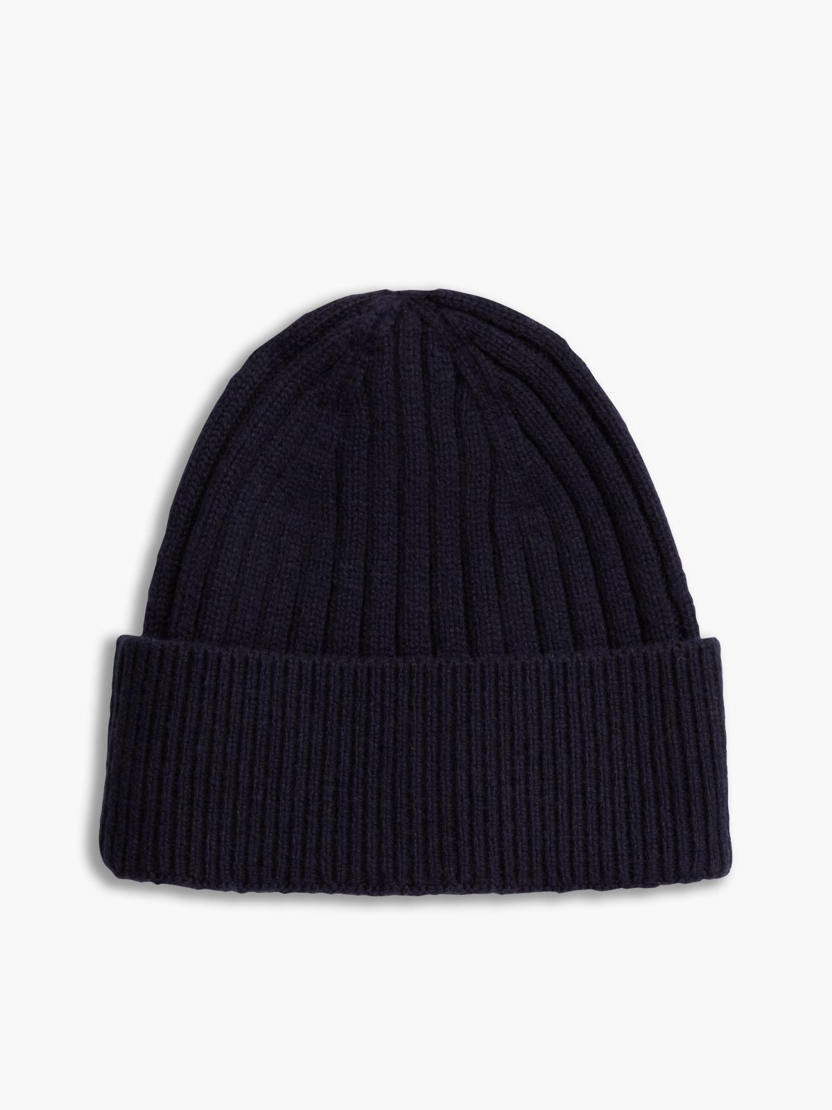 Lambswool Blend Crest Rib-Knit Beanie — Blue