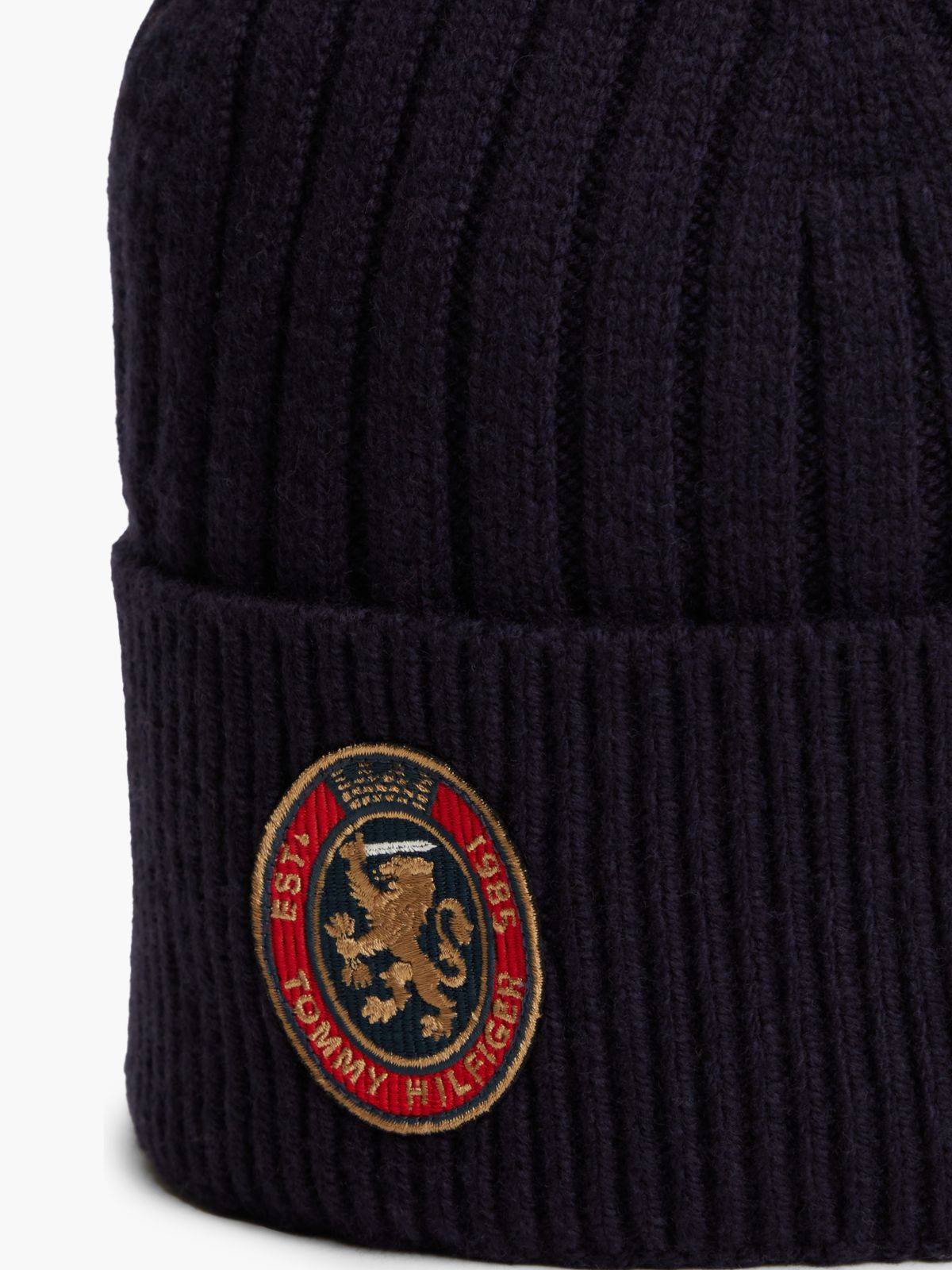 Lambswool Blend Crest Rib-Knit Beanie — Blue