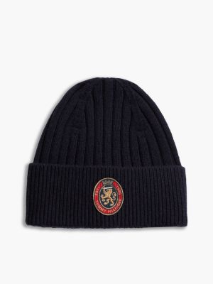 gorro de punto acanalado con escudo blue de hombres tommy hilfiger