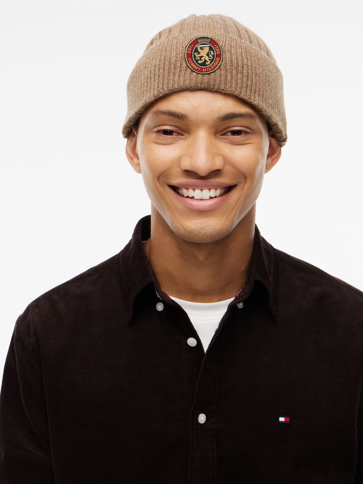 Lambswool Blend Crest Rib-Knit Beanie — Khaki