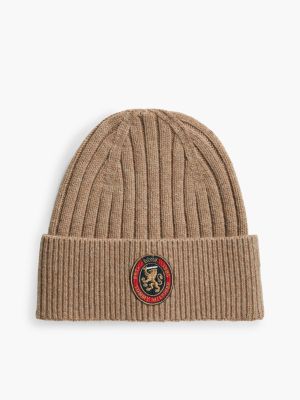 khaki lambswool blend crest rib-knit beanie for men tommy hilfiger