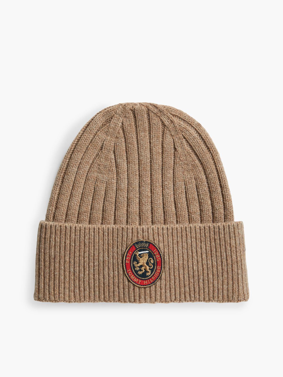 Lambswool Blend Crest Rib-Knit Beanie — Khaki