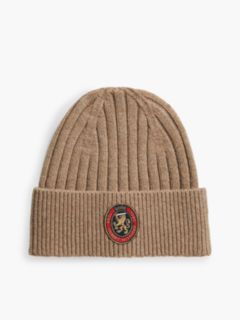 Lambswool Blend Crest Rib-Knit Beanie — Khaki 1