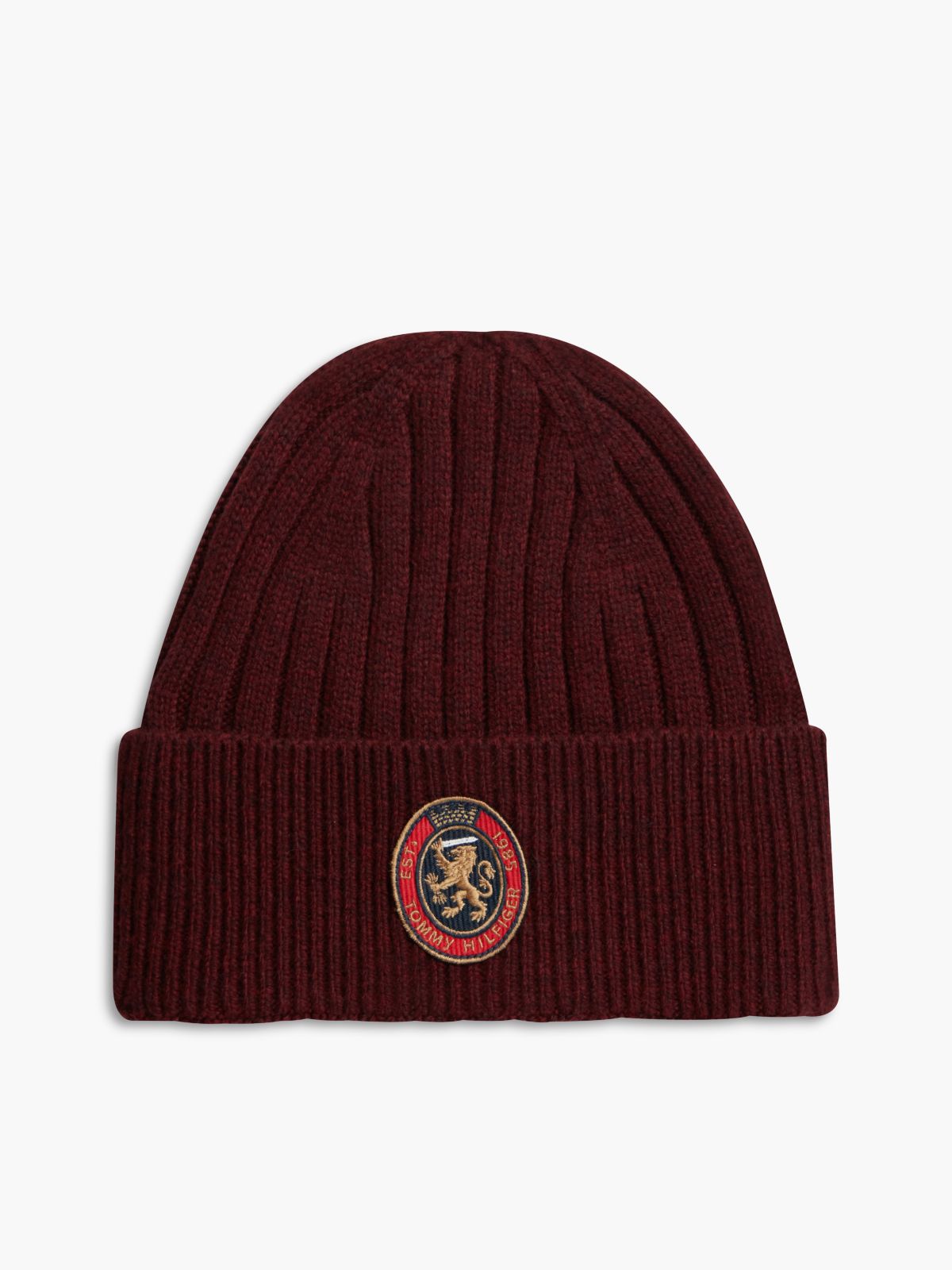 Lambswool Blend Crest Rib-Knit Beanie — Red