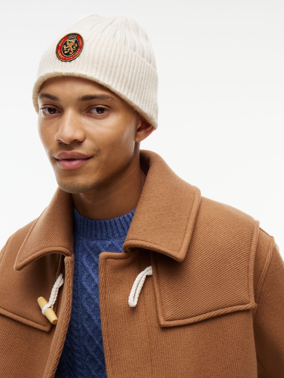 Lambswool Blend Crest Rib-Knit Beanie — Yellow