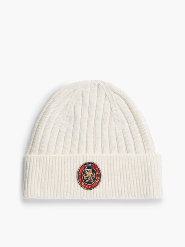 Lambswool Blend Crest Rib-Knit Beanie — Yellow