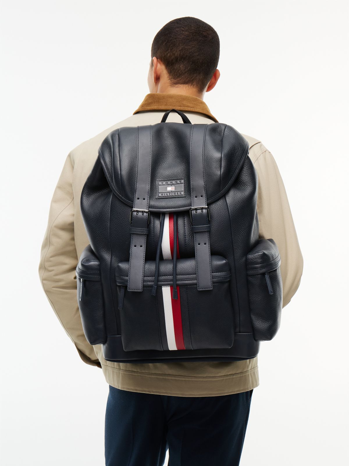 Leather Global Stripe Buckle Flap Backpack — Blue