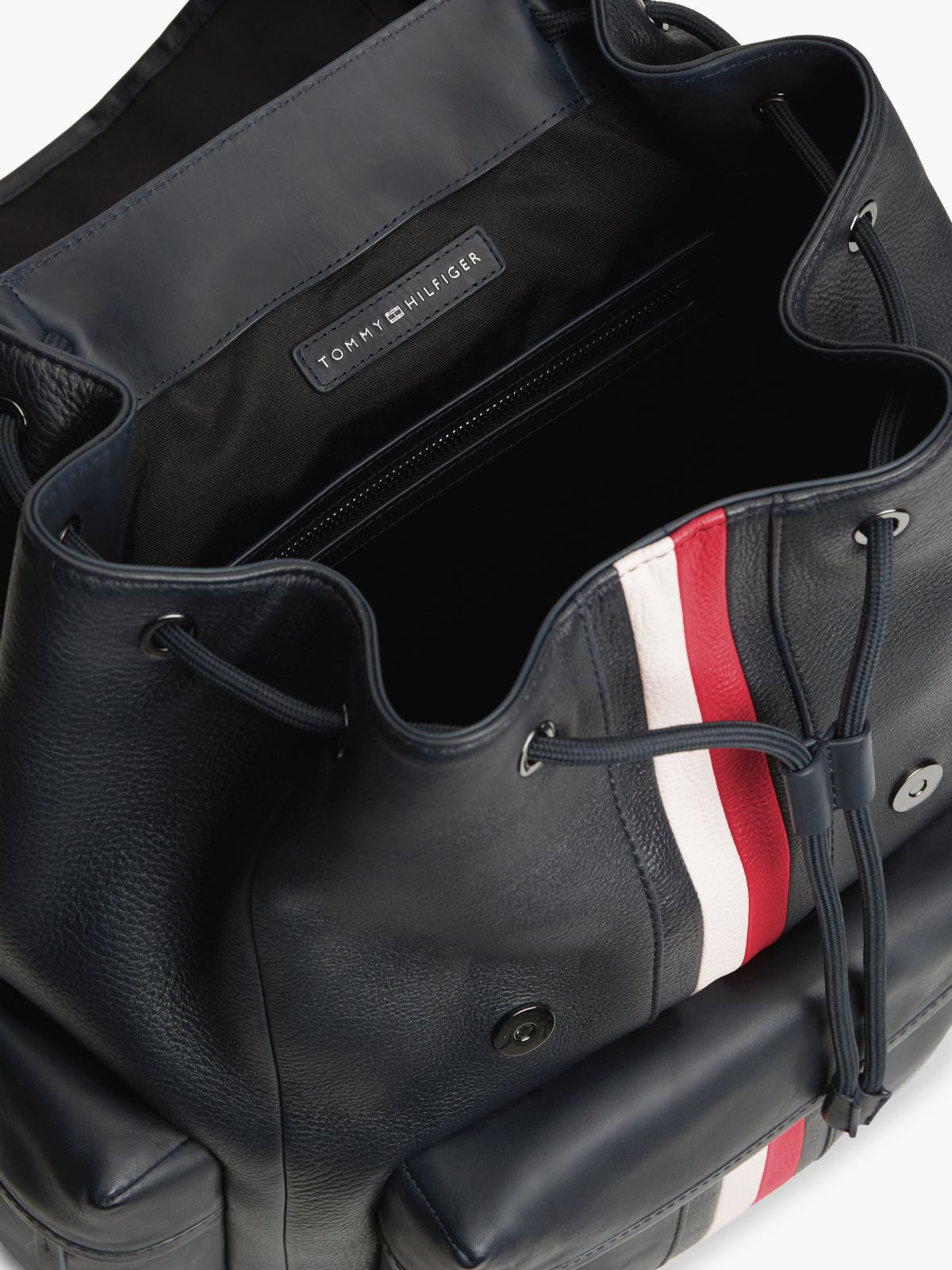Leather Global Stripe Buckle Flap Backpack — Blue