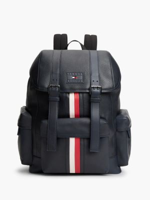 zaino global stripe in pelle con patta blue da uomini tommy hilfiger