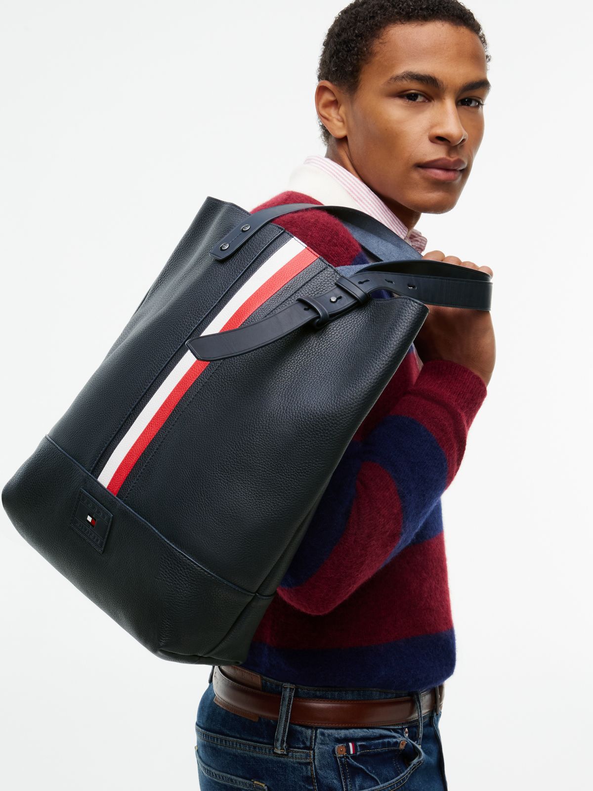 Logo Pebble Grain Leather Tote Bag — Blue