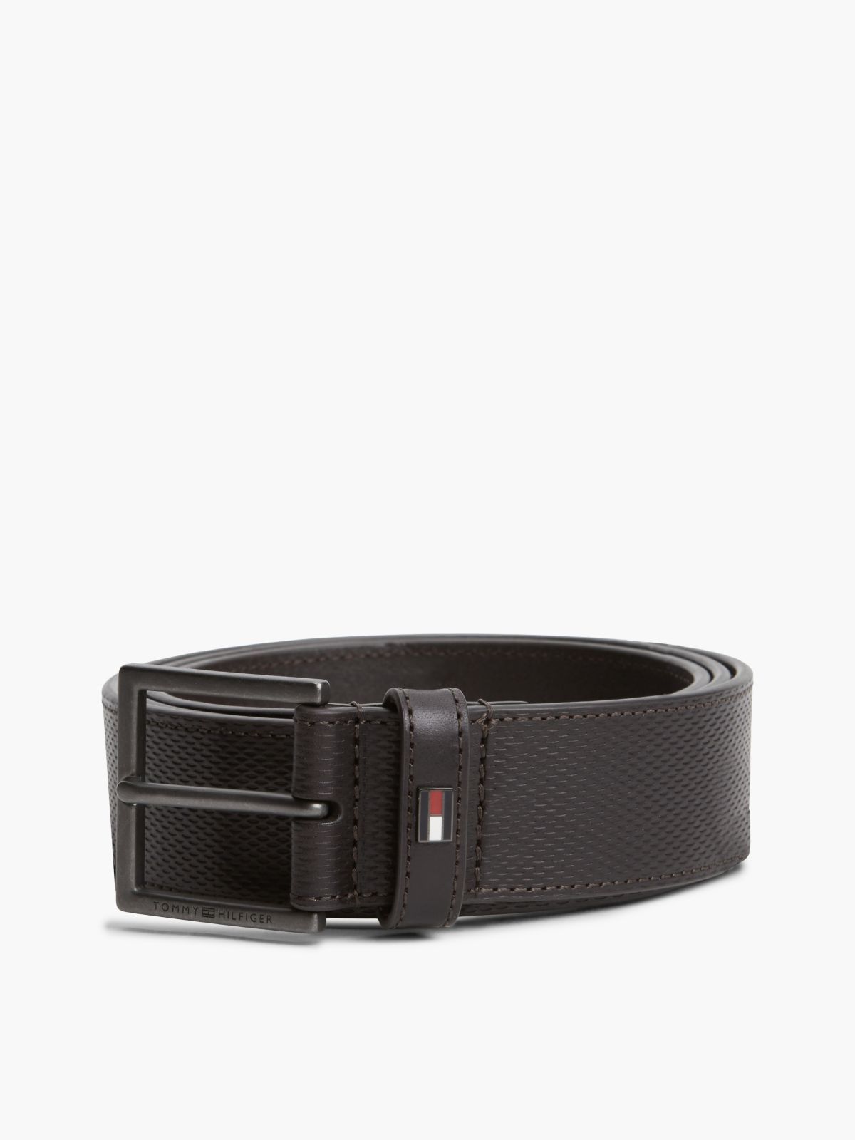 Leather Tonal Square Buckle Textured Belt — Brown