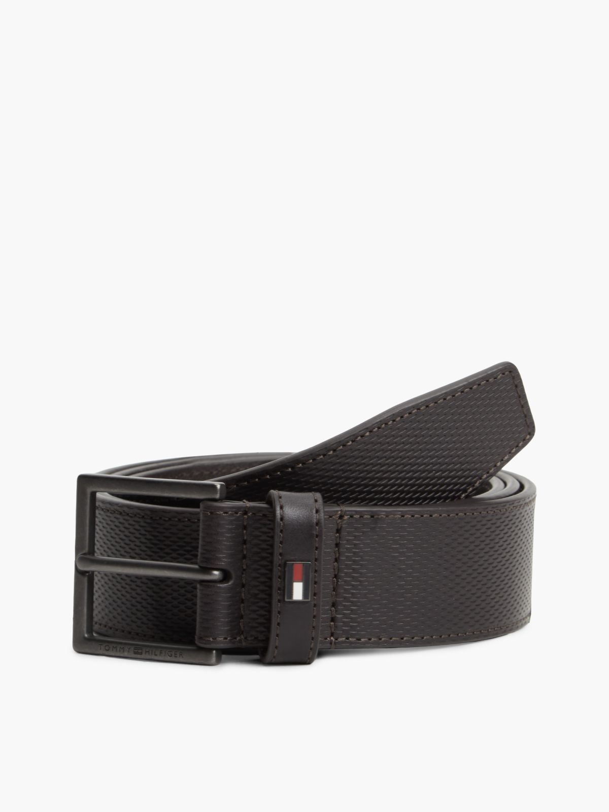 Leather Tonal Square Buckle Textured Belt — Brown